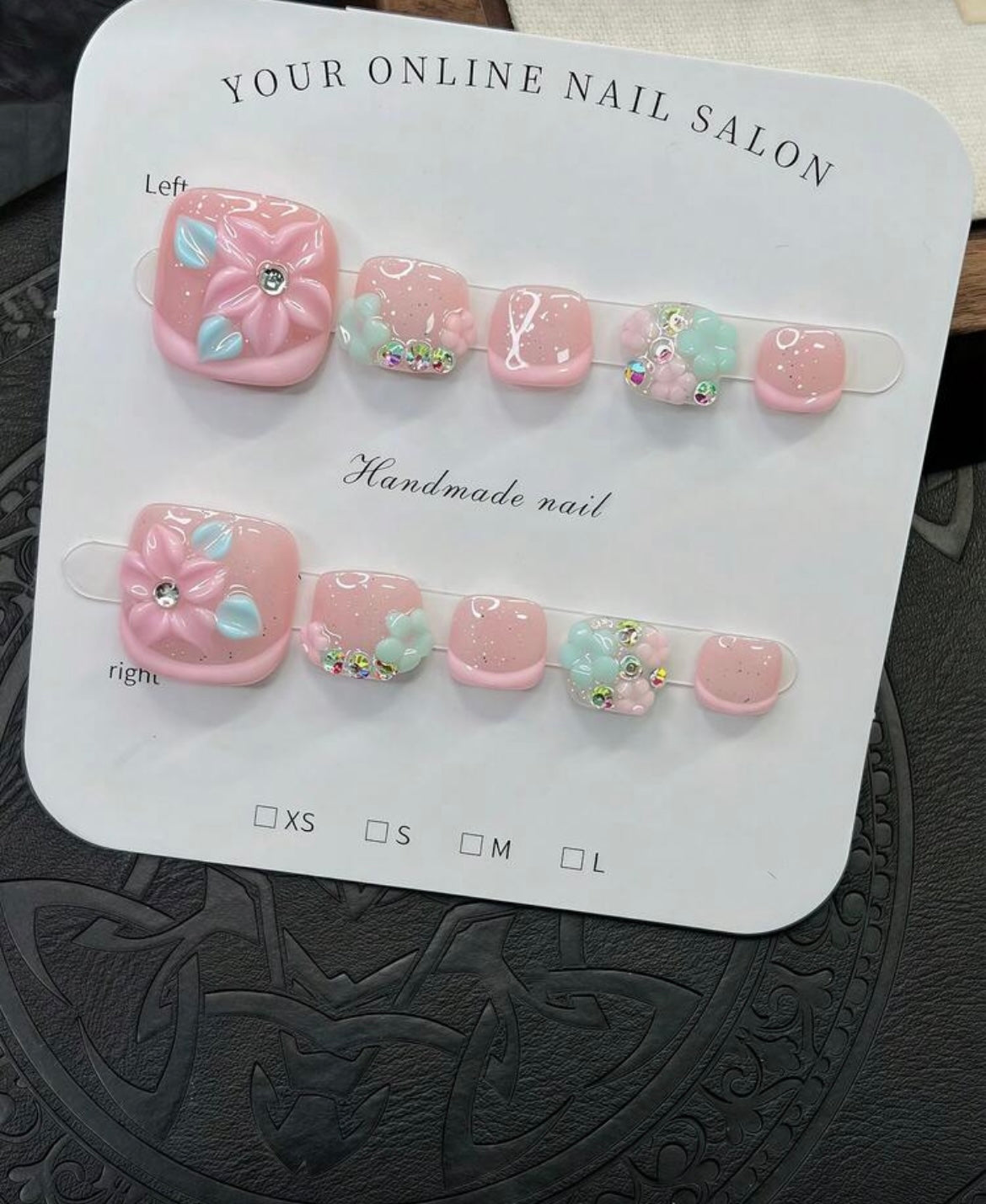 •	“Pink Flower Press-On Nails 🌸”