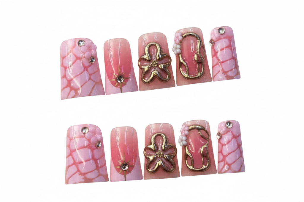 Pink 3D Luxury Press-On Nails – Gold Charm Design 💖✨